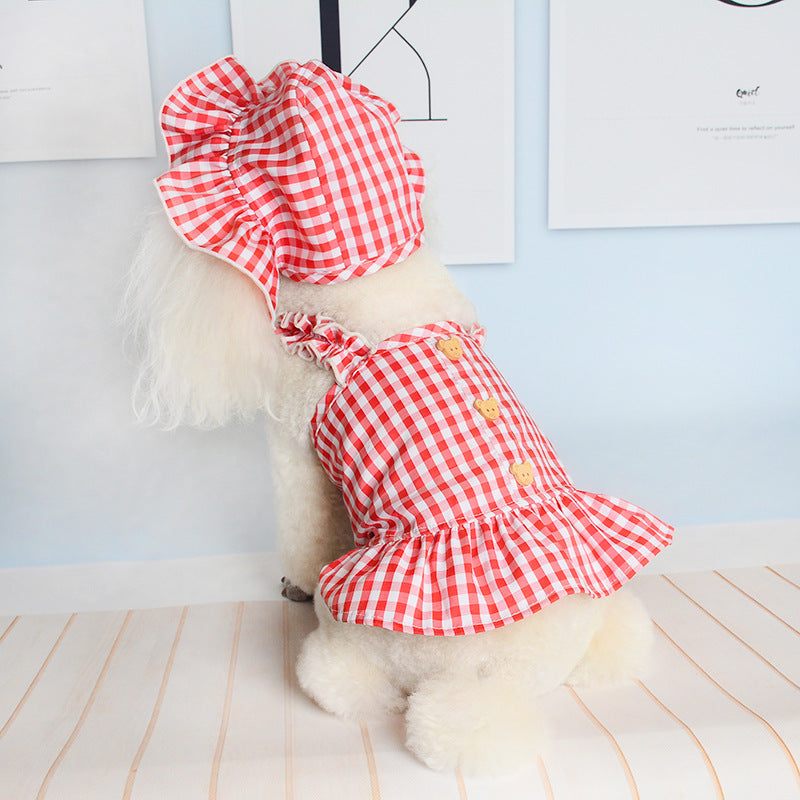 New Spring And Summer Pet Clothes Dog Even Clothes Thin Section Hooded Plaid Ins Pastoral Style Cat Two-Legged Clothes
