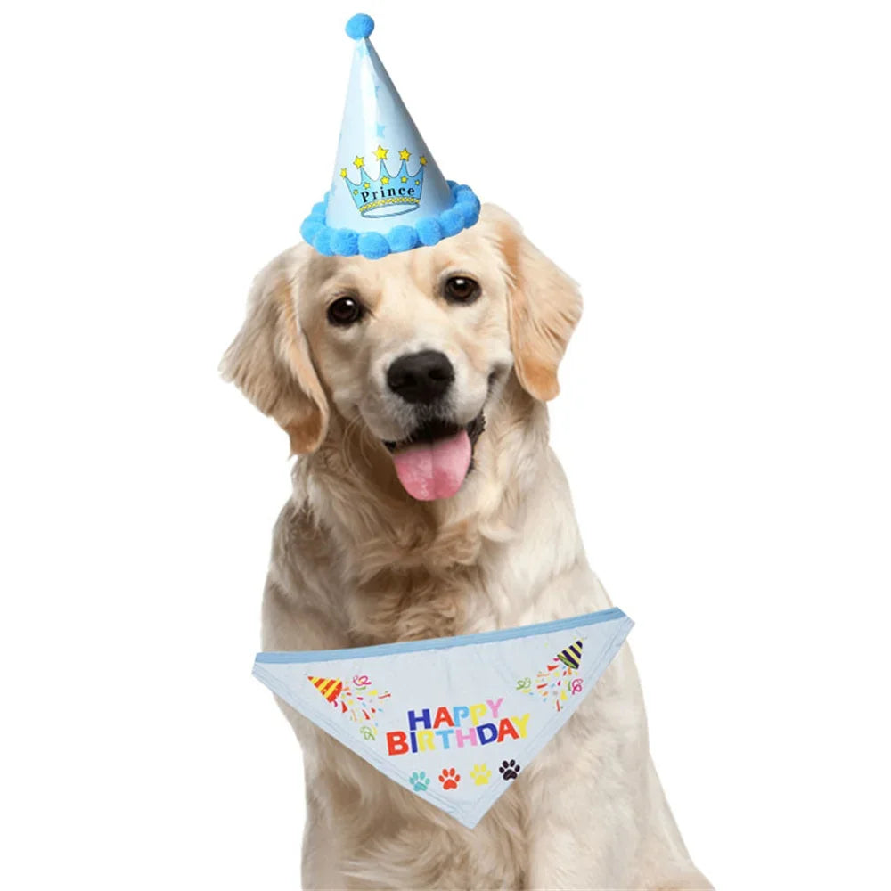 2Pcs/Set Dog Hat Bib Dog Birthday Bandana Scarf Adjustable Bandana Neckerchief Cat Dog Birthday Bib Hat Pet Supplies