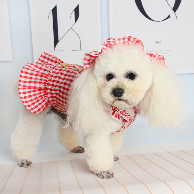 New Spring And Summer Pet Clothes Dog Even Clothes Thin Section Hooded Plaid Ins Pastoral Style Cat Two-Legged Clothes