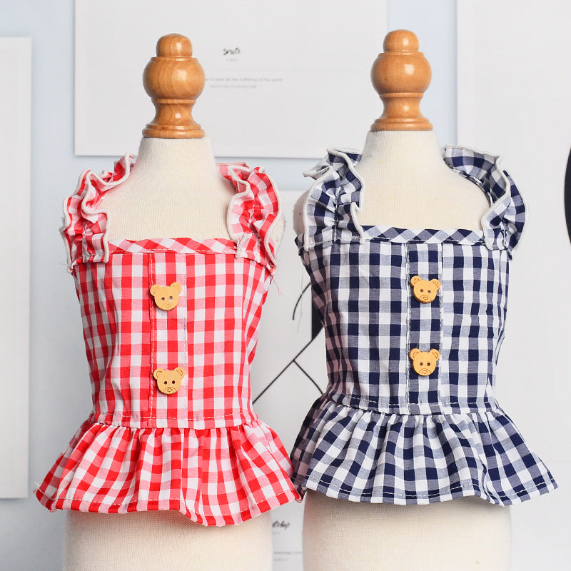 New Spring And Summer Pet Clothes Dog Even Clothes Thin Section Hooded Plaid Ins Pastoral Style Cat Two-Legged Clothes
