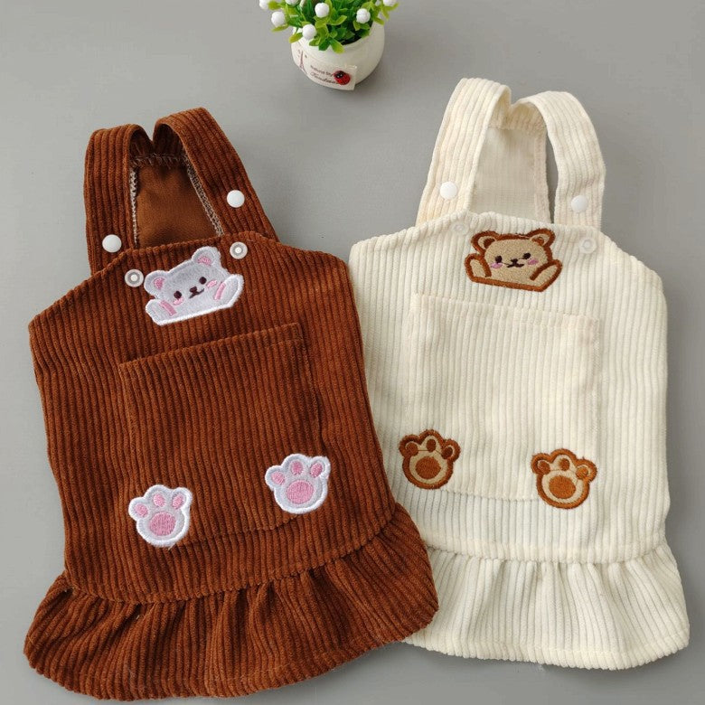 Pet Spring and Autumn Bears Embroidery Corduroy Strap Dress Cat Dog Clothes Teddy Korean Bibear Pomeranian VIP